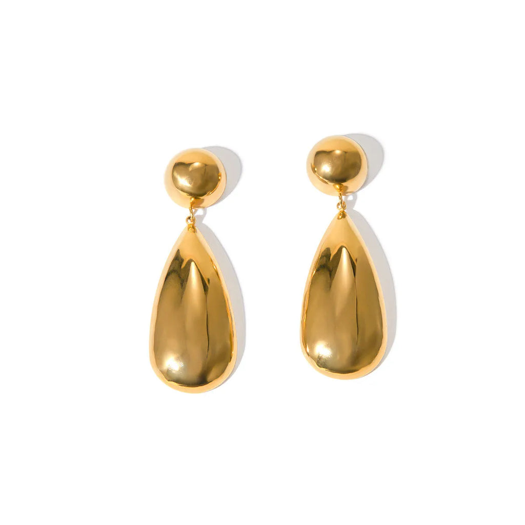 Gold-coloured stainless steel water drop pendant earrings with geometric hemisphere design