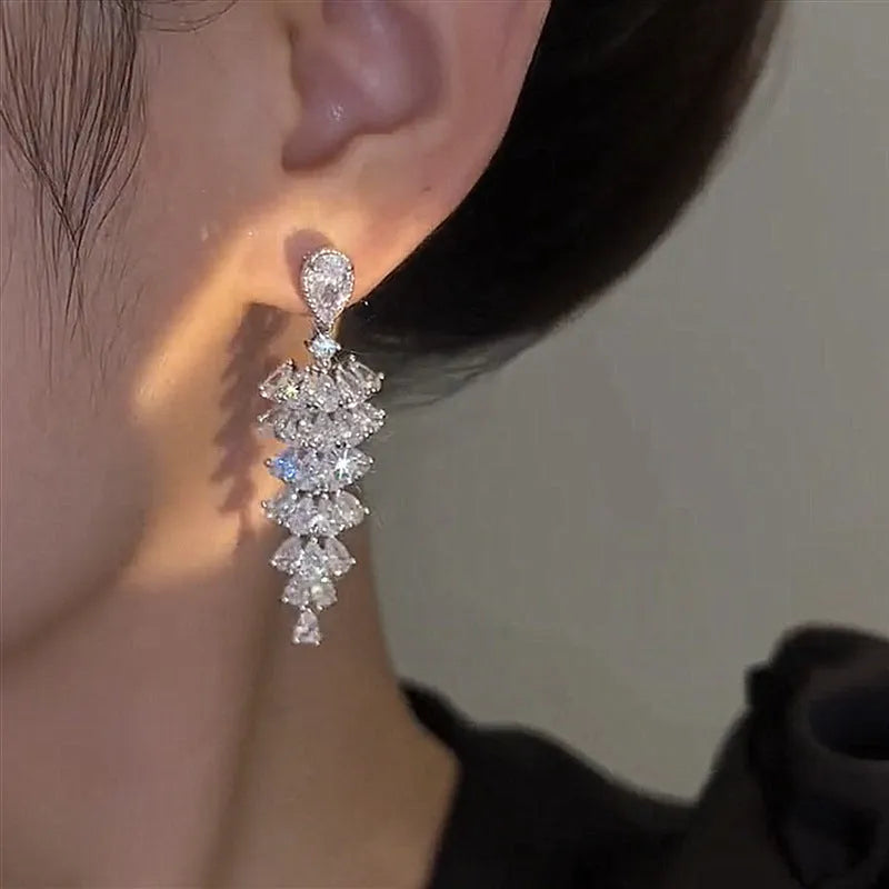 Copper Christmas tree drop earrings with sparkling zircon in silver pagoda colour