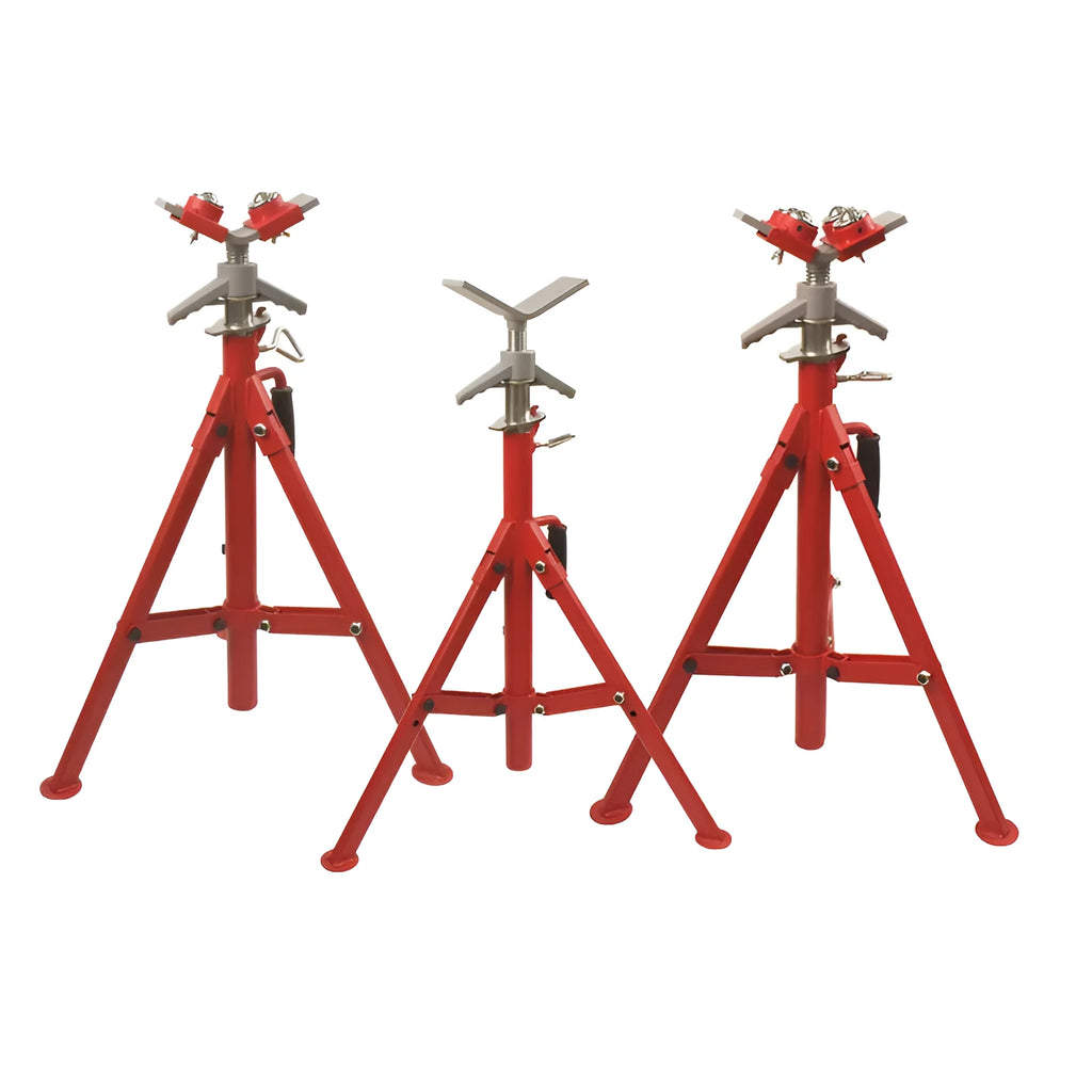 Metal V-head pipe support bracket for steel pipe, showing short and high versions with ball mounts.