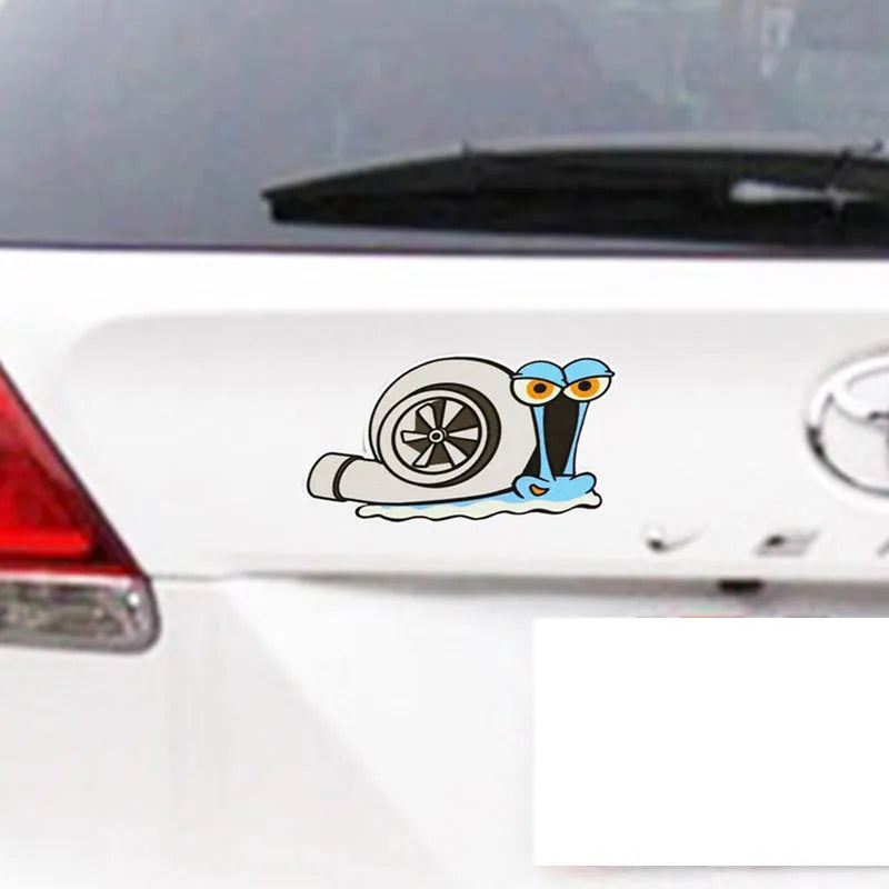 White reflective car bumper sticker with cartoon design measuring 12cm by 8cm