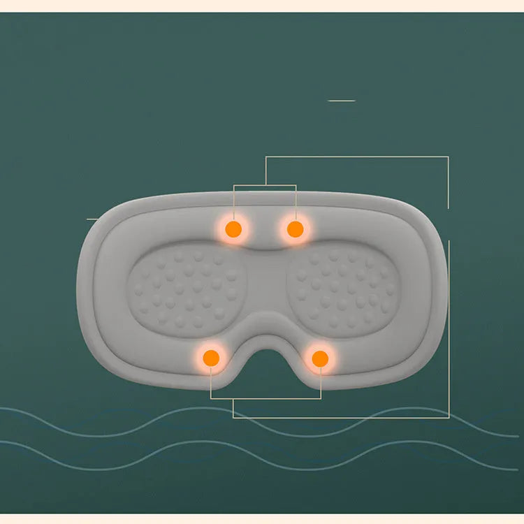 Pink and green portable USB-powered eye massage goggles with a suede shell on a grey background.