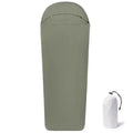 Blue and green nylon mummy-style camping sleeping bag showing packed dimensions