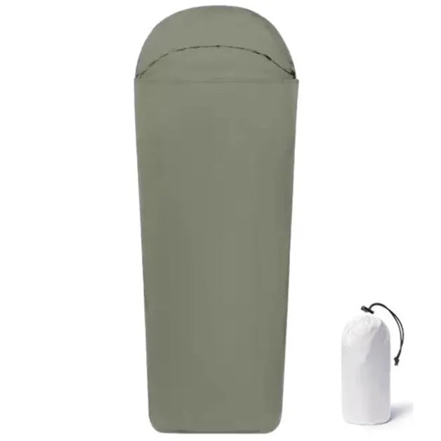 Blue and green nylon mummy-style camping sleeping bag showing packed dimensions