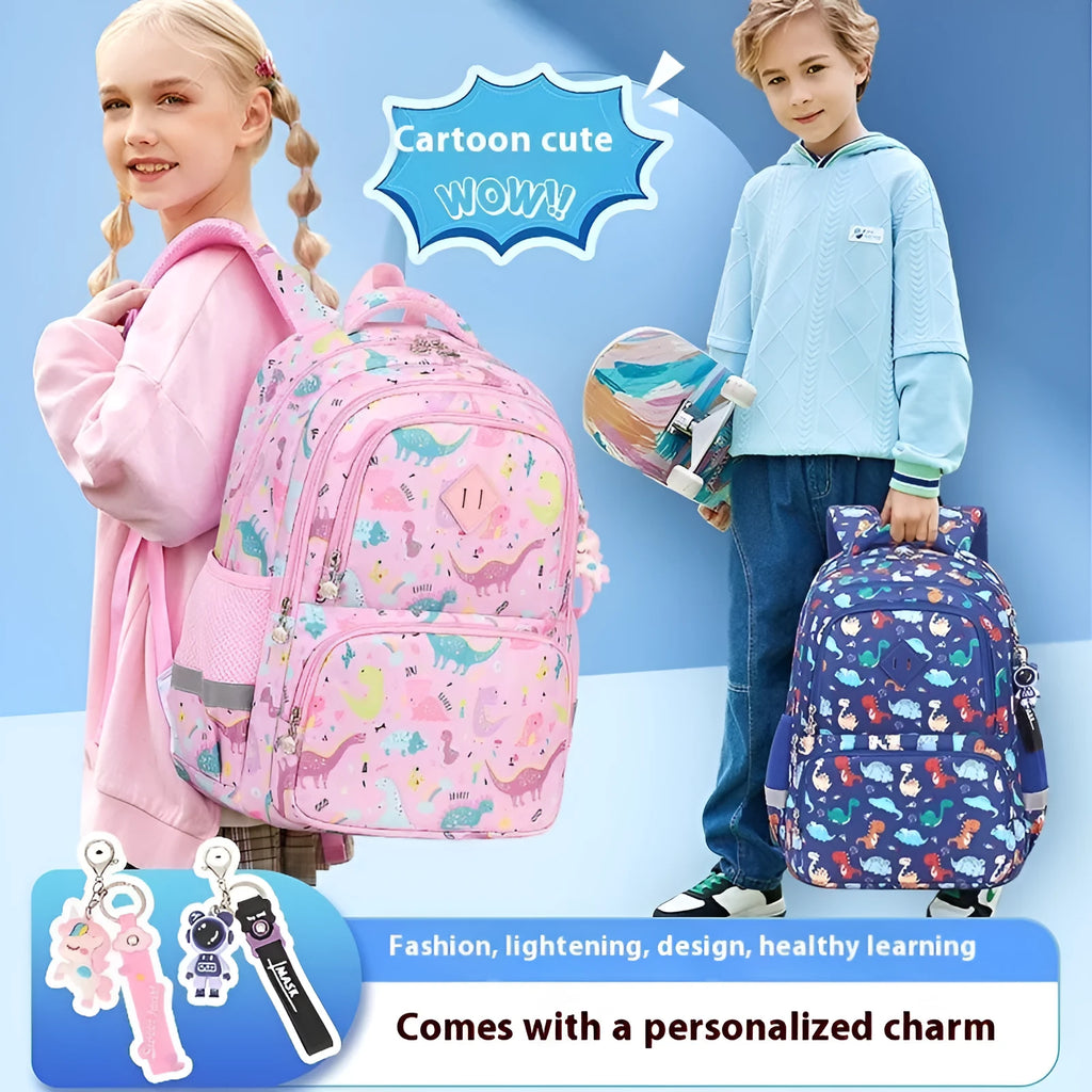 Children's waterproof Oxford cloth school backpack in a choice of dinosaur, rainbow, starry sky, and geometric designs.
