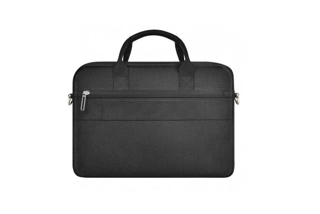 Black Oxford cloth computer handbag showing multi-pocket design and laptop compartment