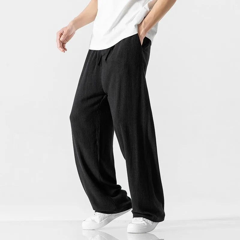 Men's straight-leg linen trousers in bamboo fabric with cropped length and drawstring waist