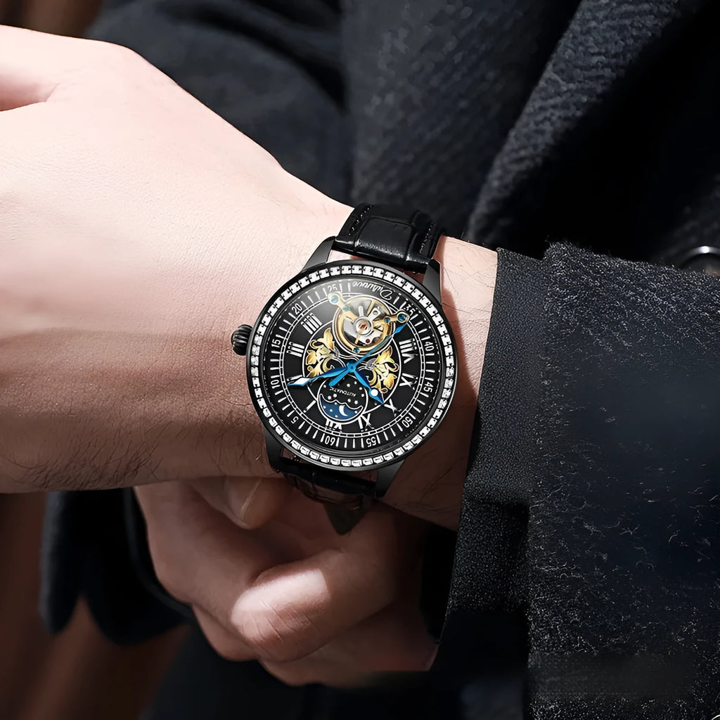 Men's stainless steel mechanical watch with transparent case back showing internal movement and butterfly clasp