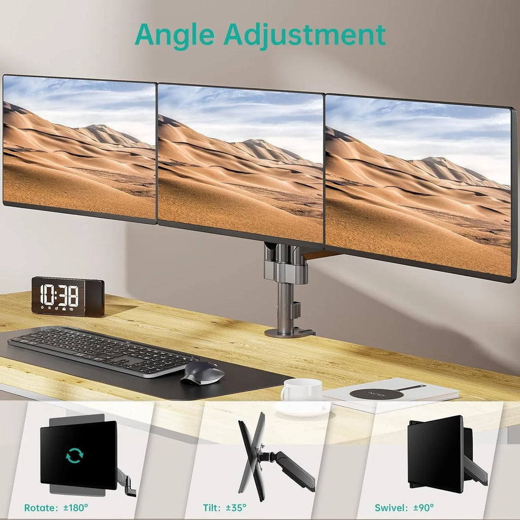 Black three-arm gas spring monitor mount for 27-inch screens with aluminium construction
