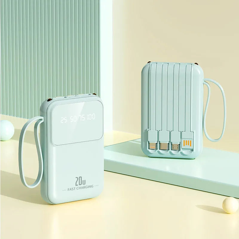 Large capacity 20000mAh mini power bank with colour screen, plastic shell, compact size 101.5 x 66 x 28 mm