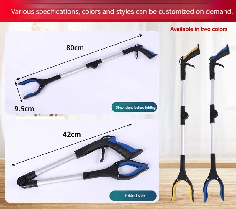 Foldable aluminium garbage pick-up clamp with extended silver rod and blue handle, showing magnet sucker.