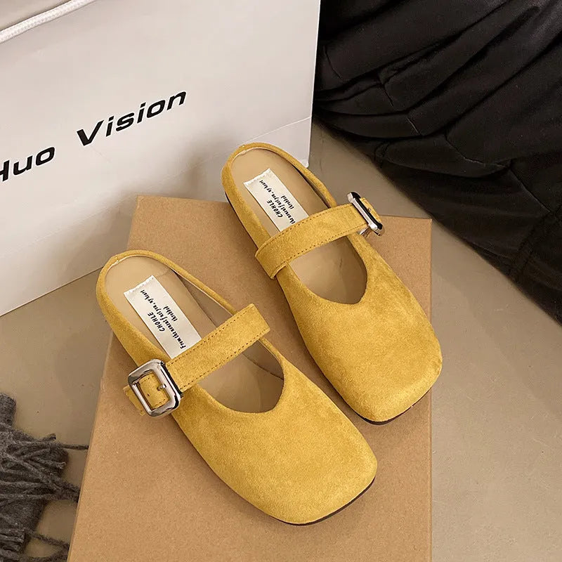 Women's flat closed toe slippers with square head design in apricot, blue, red and yellow colour options