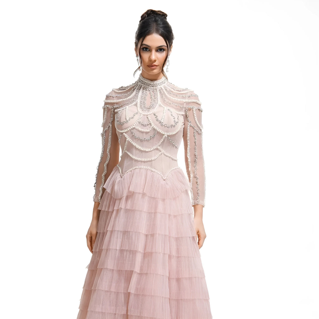 Women's black beaded long sleeve dress with three-dimensional decoration and mid-waist design