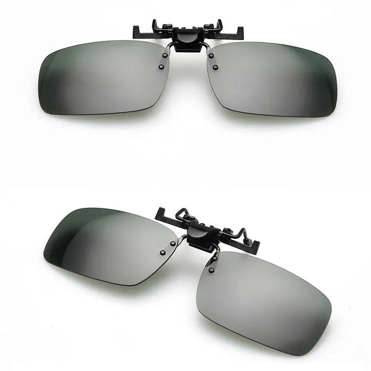 Clip-on myopia sunglasses with PC lens in gray colour showing side clip attachment for driving and outdoor use
