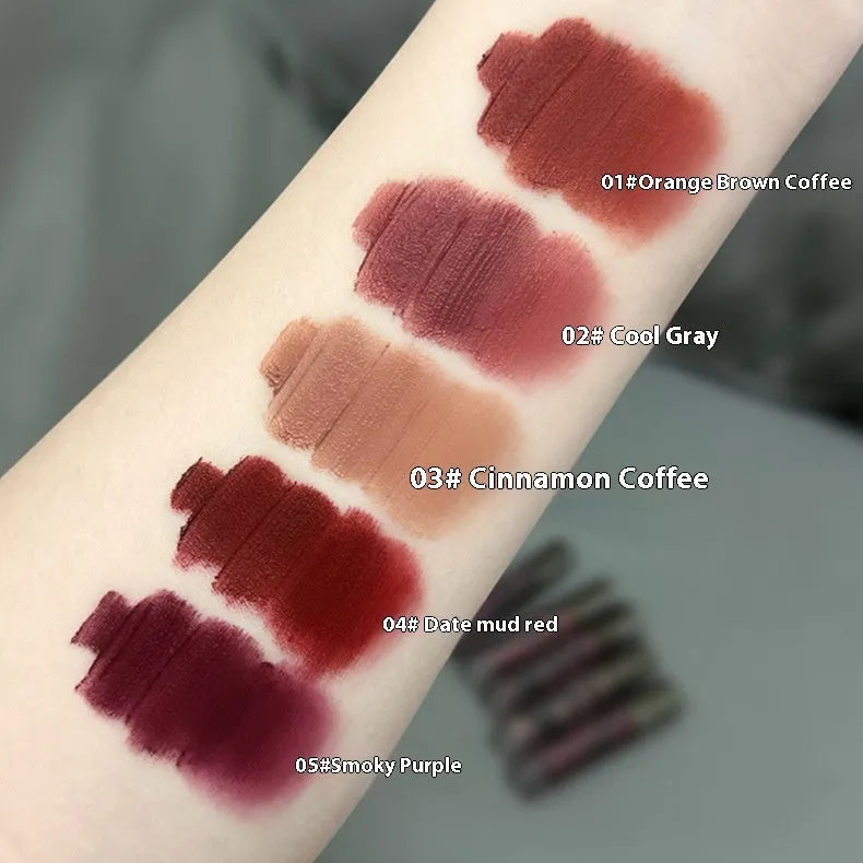 Lava Secret Matte Lip Mud Lipstick in five colour shades showing 3.2g net content.