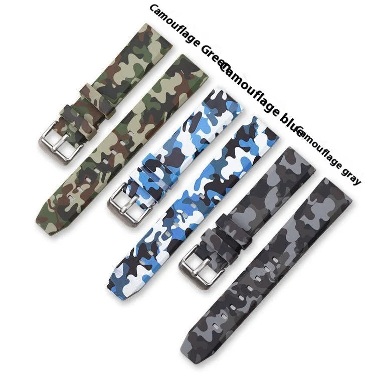 Green camouflage silicone watch strap with flat head lugs shown next to blue and grey versions.