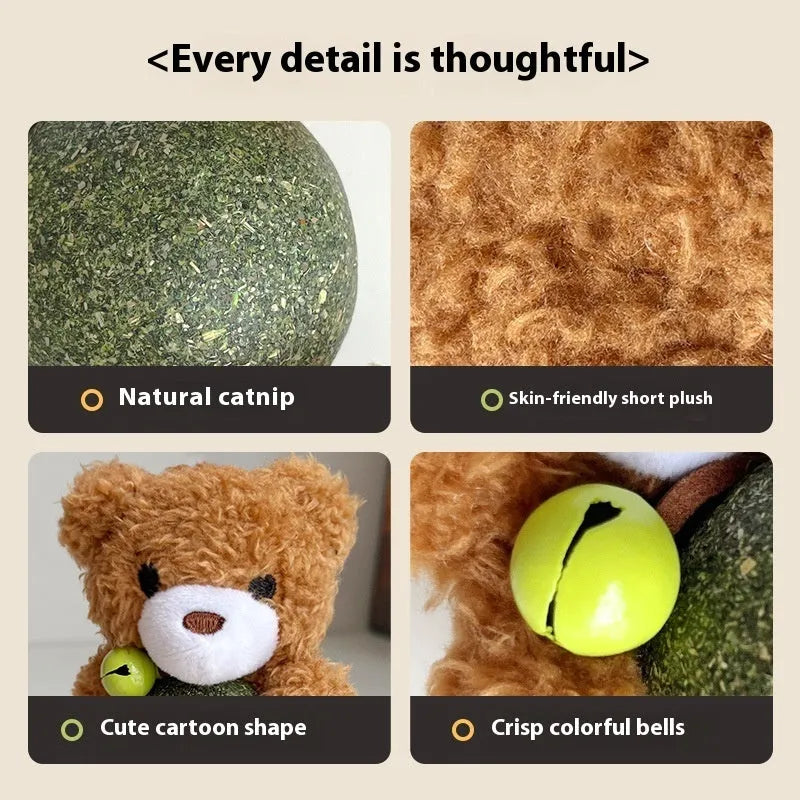 Plush cat toy shaped like a doll with a mint ball inside, showing brown bear design next to a measuring tape.
