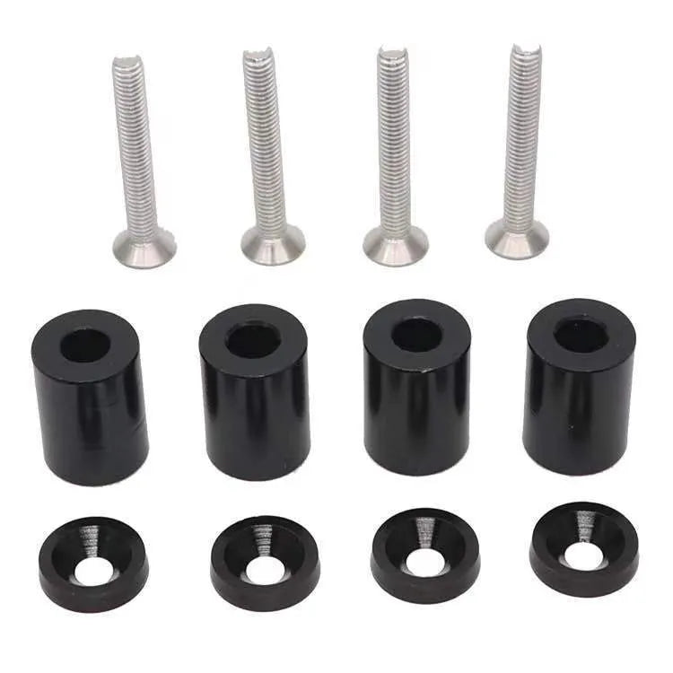 Aluminium alloy automotive bolt kit with screws, nuts, and washers in black, blue, and red colours