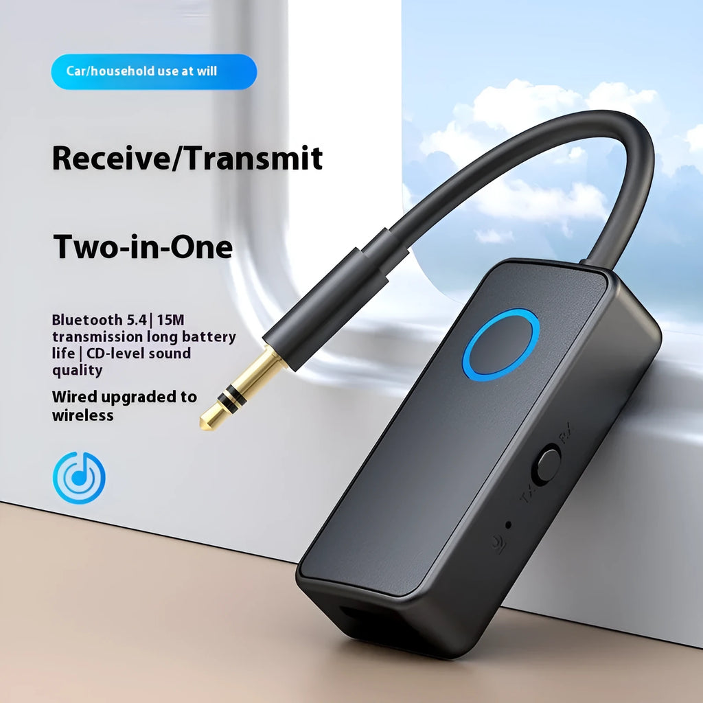 Black Bluetooth 5.4 adapter with 3.5mm aux cable and ABS body