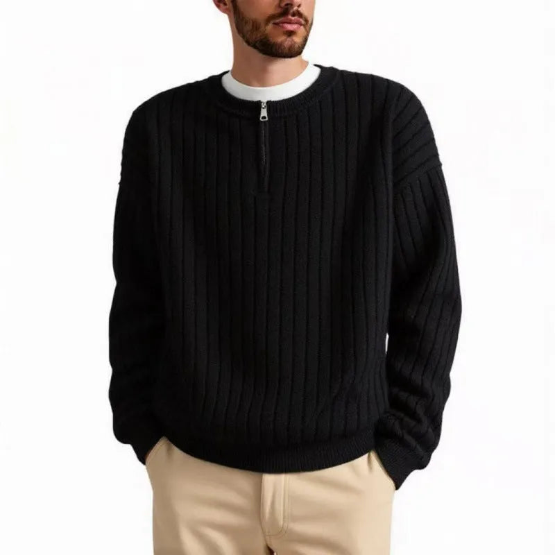Men's grey textured knit half-zip pullover sweater with loose fit and long sleeves