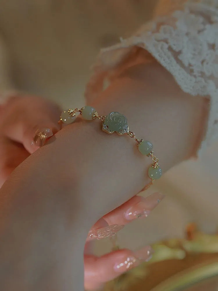 Hetian jade rose 14K gilded women's bracelet with handmade flower motif in national style