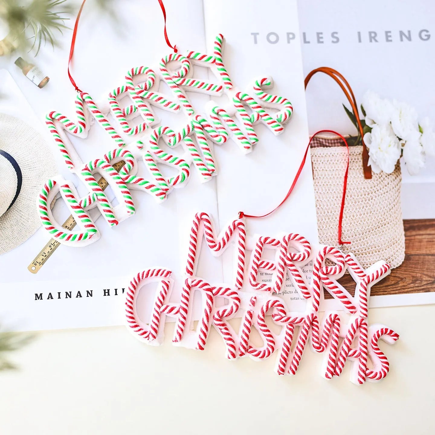 Polymer clay Christmas tree ornament with Merry Christmas letter plate, red and white colour, 8cm height