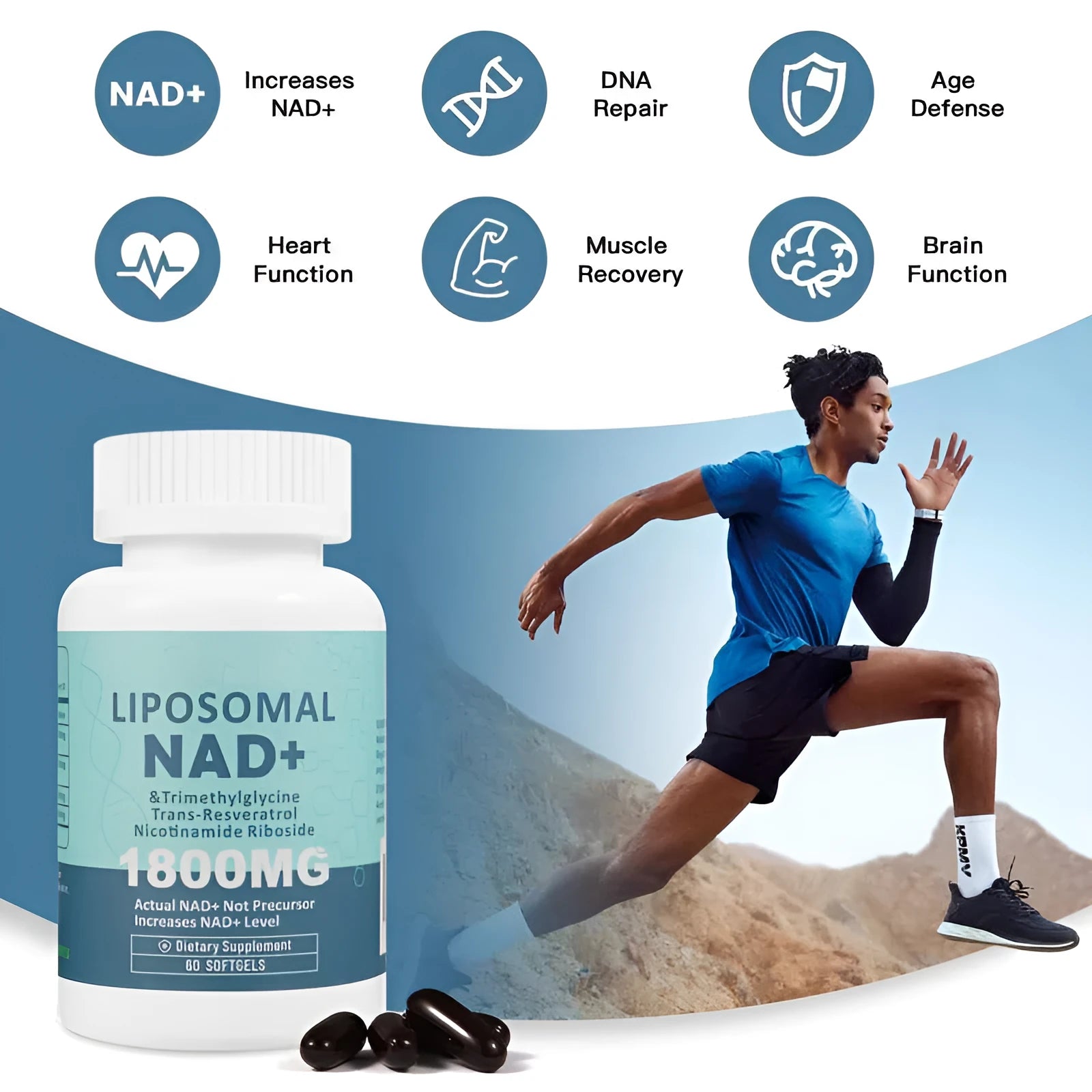 Bottle of NMN nicotinamide mononucleotide dietary supplement gel capsules.