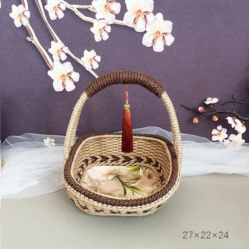 Hand-woven hemp rope basket 19x12cm in coffee brown colour with straw construction