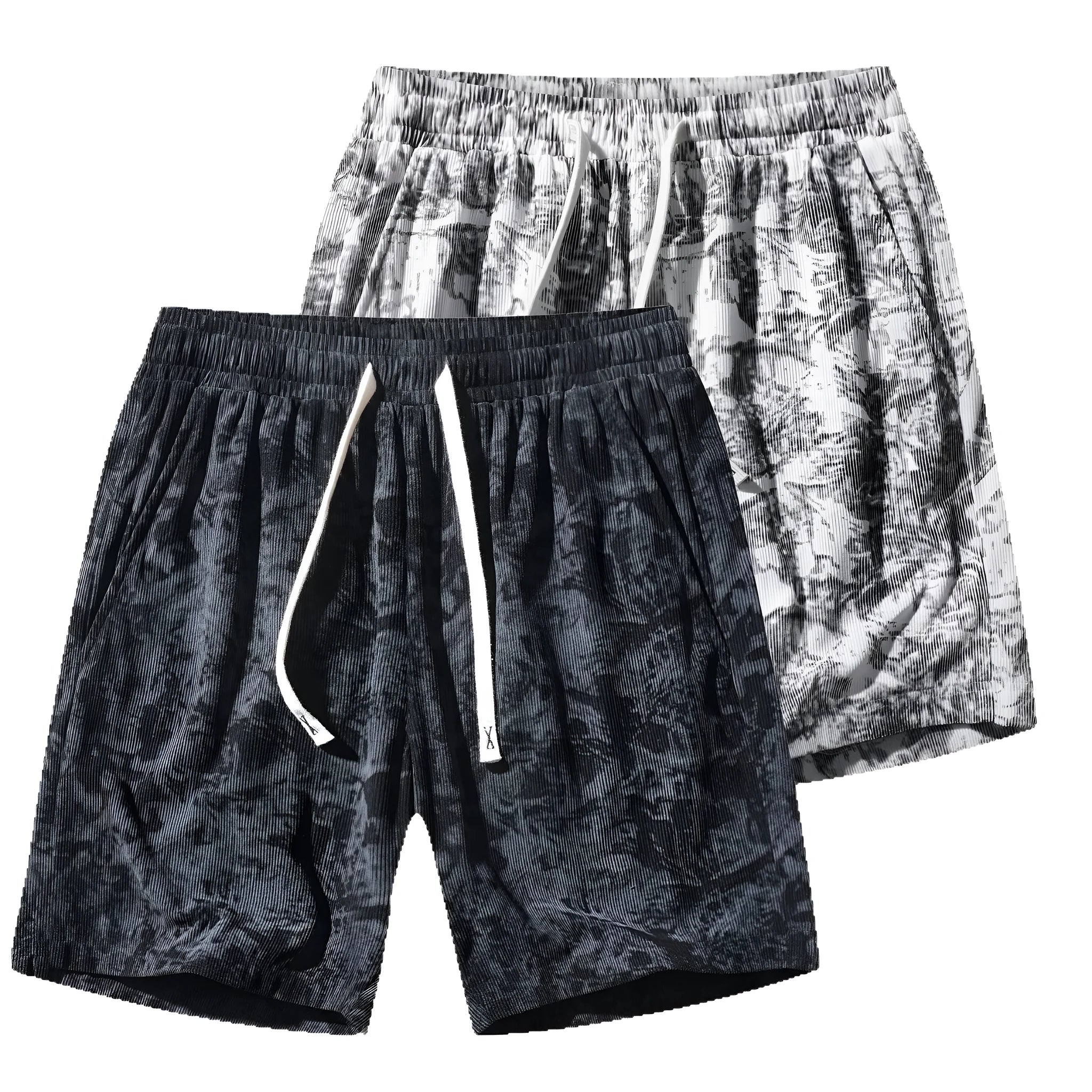 Men's black corduroy camouflage print athletic shorts with a high waist and straight-leg cut on a mannequin.