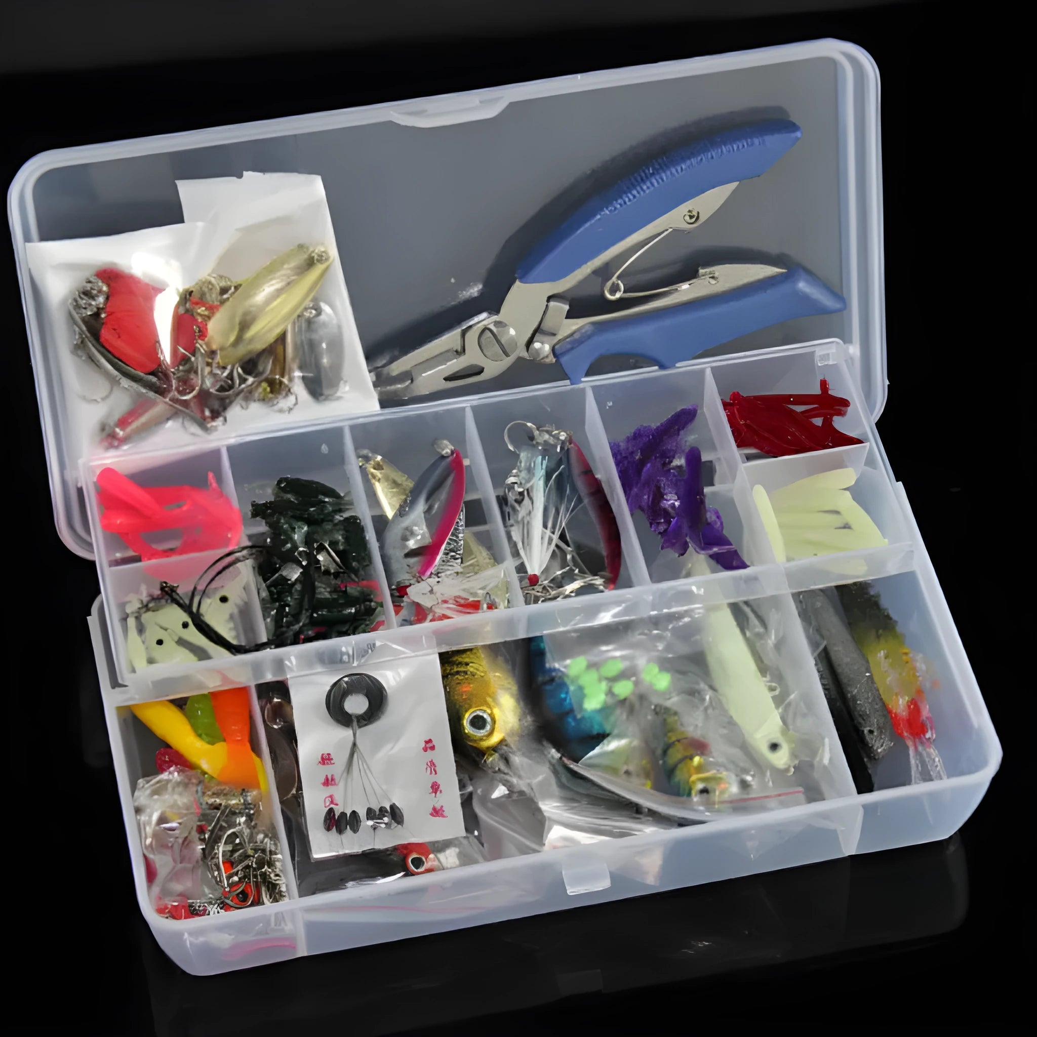 Rose red treasure coloured fishing lure set case containing 132 pieces of plastic soft baits and high carbon steel fishhooks