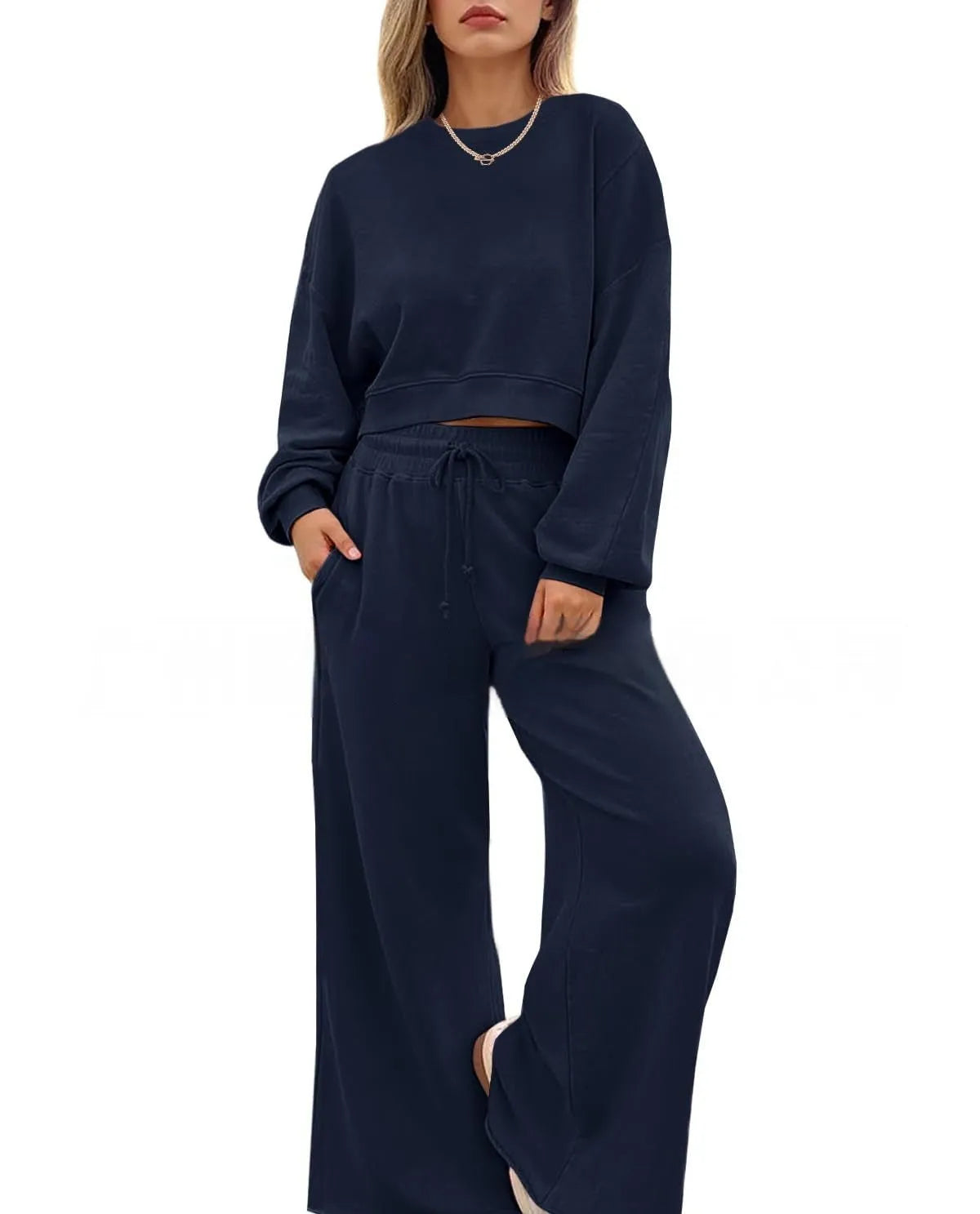 Women's solid colour street hipster two-piece set with long sleeve top and trousers