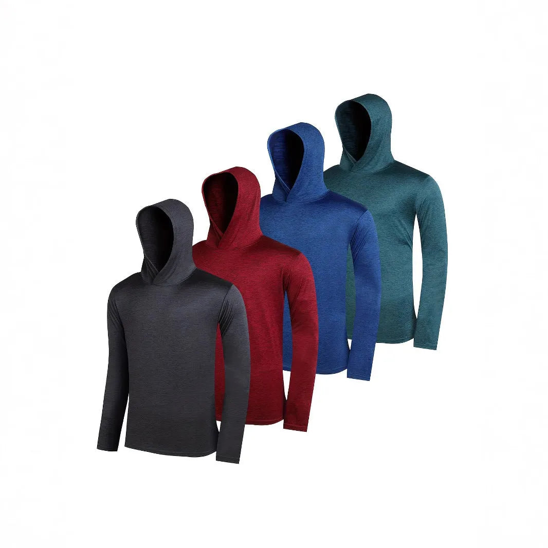 Men's 4-piece lightweight hoodie set in elastic polyester fabric with mix of hooded and regular tops