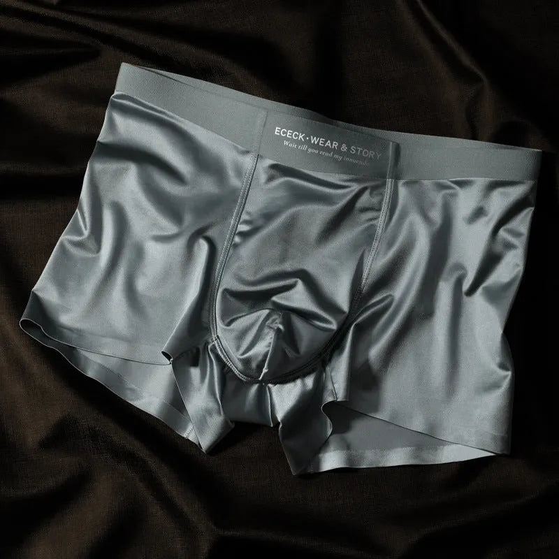 Men's colourblock Ice Silk underwear in blue, shown laid flat to display seamless design.