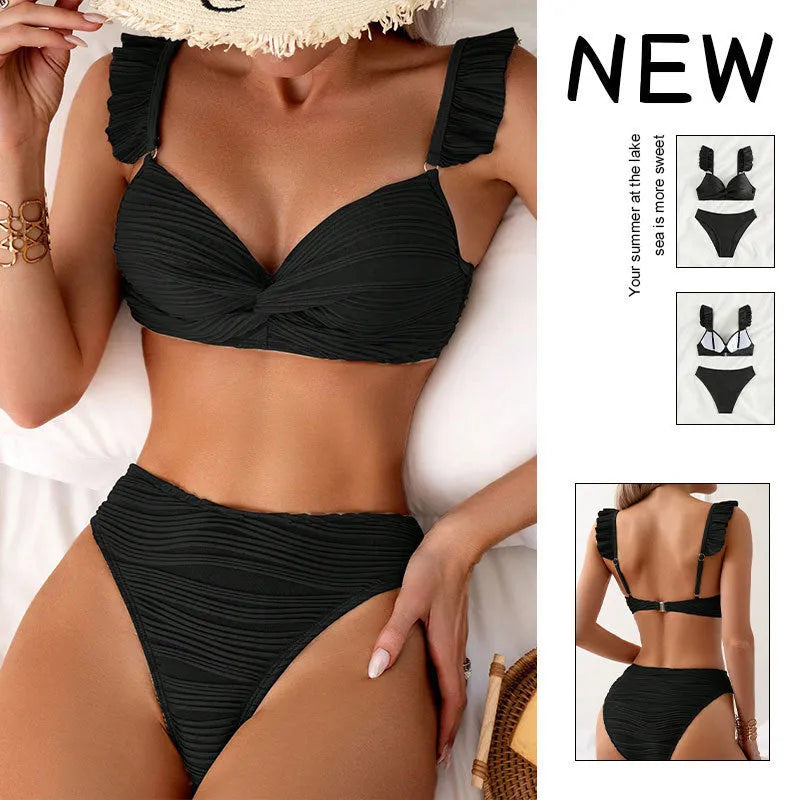 Women's solid colour bikini swimsuit set in black or khaki polyester fabric