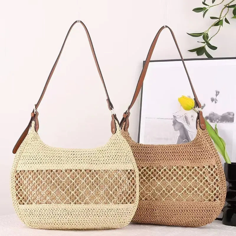 Women's straw cross body bag with horizontal square shape in khaki colour showing sandwich pocket design