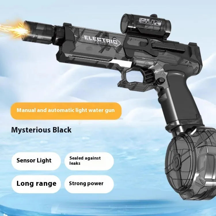 Fire Rat electric water pistol toy with LED lights in multiple colour options including black, blue, and red