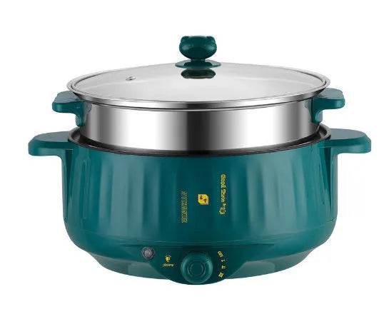 Integrated electric cooking pot with non-stick interior and stainless steel body in white or green finish