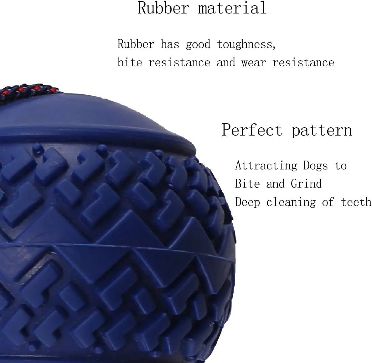 Blue dog toy with a textured rubber ball attached to a rope, shown on a white background.