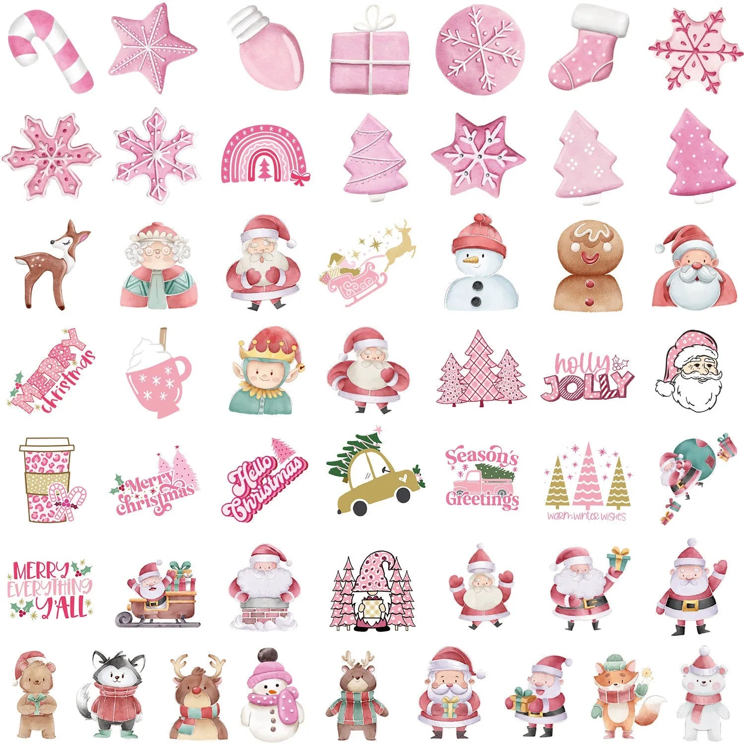Set of 50 cute style waterproof Christmas decoration stickers ranging from 4cm to 8cm in size.