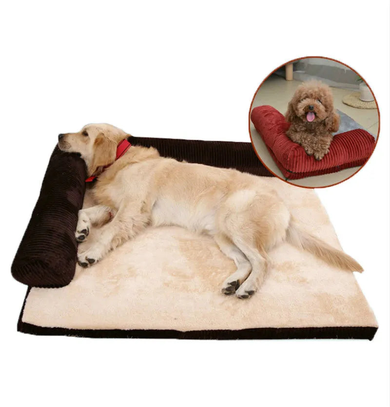 Corduroy pet sofa dog bed in grey colour with non-slip base, shown in a Large size.