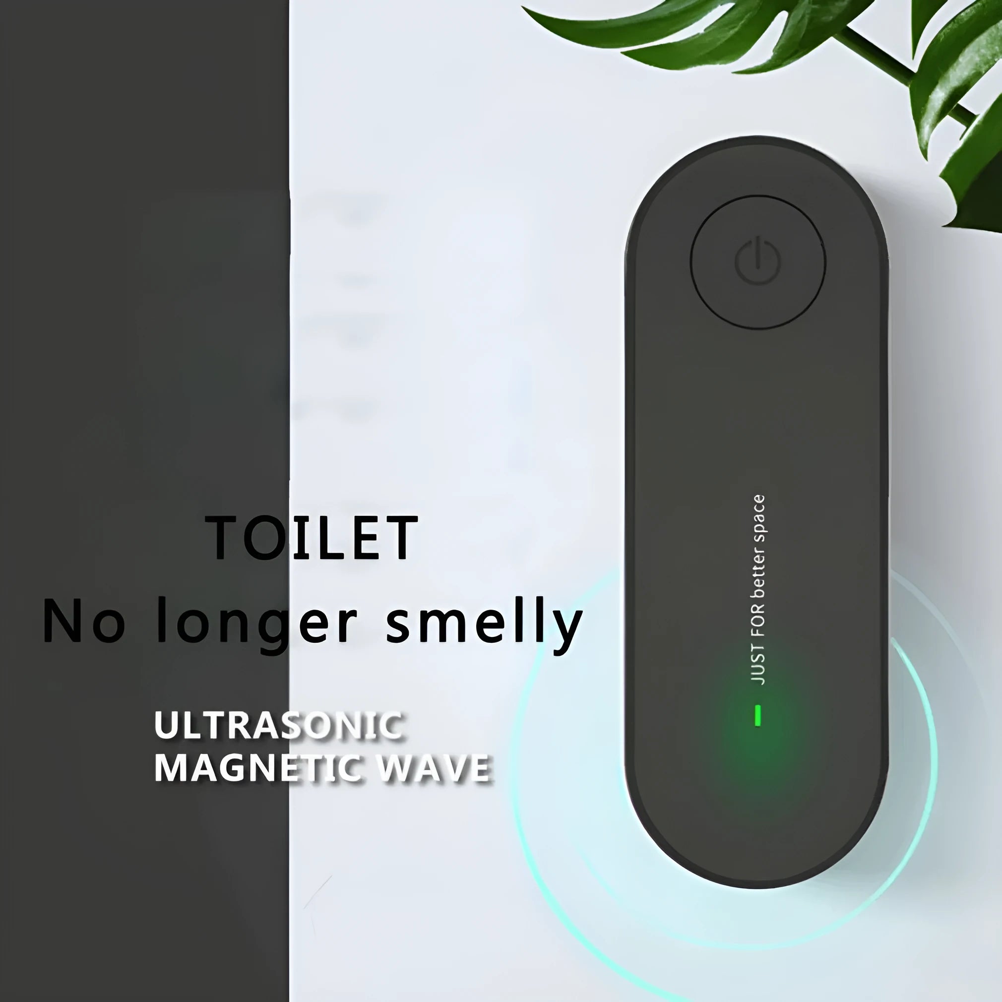 Small negative ion air purifier in black, plugged into a wall socket, with a room in the background