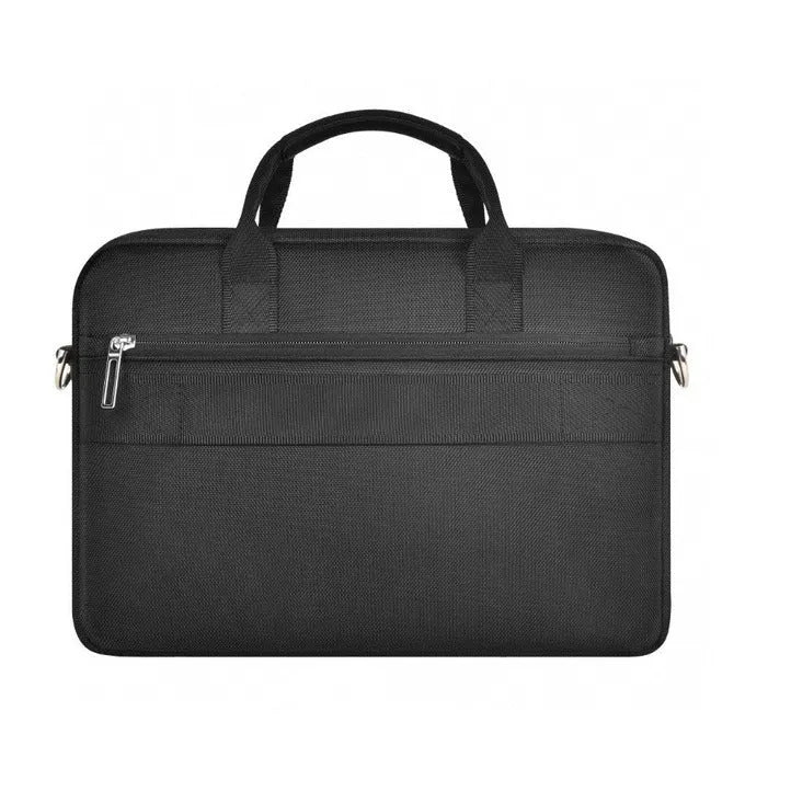 Black Oxford cloth computer handbag showing multi-pocket design and laptop compartment