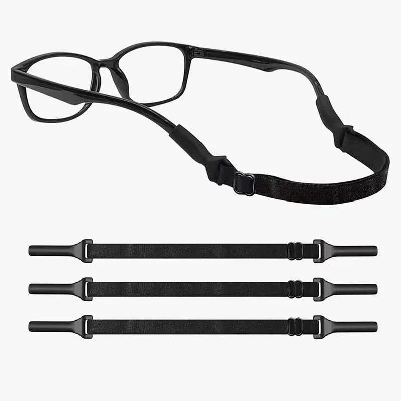 Black adjustable glasses cord with silicone ends for securing spectacles against loss.