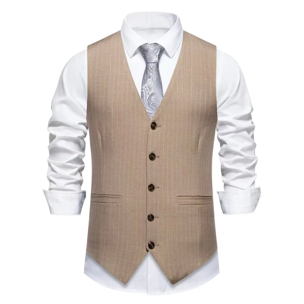 Men's striped suit vest in non-iron polyester with miter bottom hem for business formal wear
