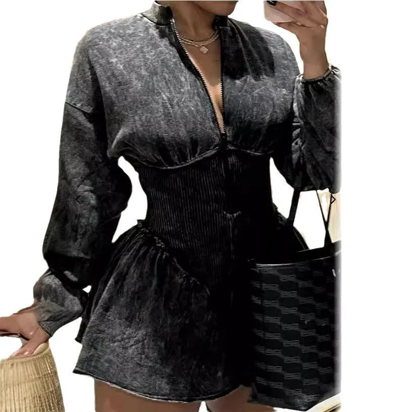 Gray digital print slim-fit A-line dress with long sleeves and a drawstring waist.
