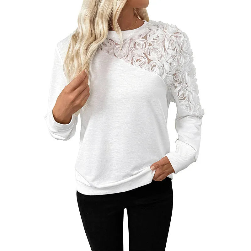 White long sleeve floral print pullover top with loose fit for European and American body frames.
