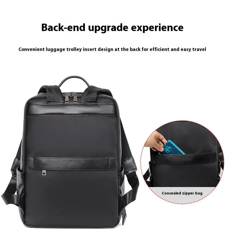 Large black genuine leather men's computer backpack with back support plate.