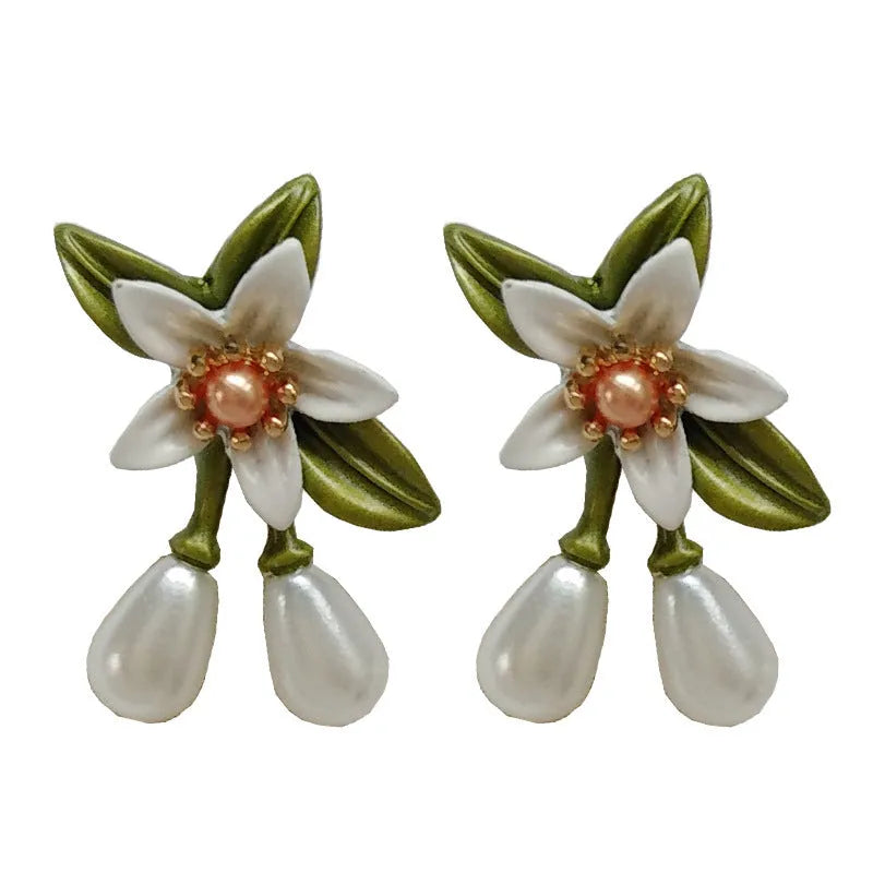 Alloy camellia flower earrings for women, contrast colour, sterling silver needle, stud and clip pairs