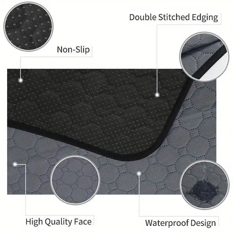 Two washable dog pee pads in grey and khaki on a floor, one with a small dog standing on it