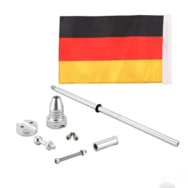 Motorcycle side box flagpole bracket in black or silver for luggage rack accessory mounting
