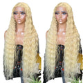 Long curly front lace full head wig with side bangs in light gold, 20 inch length